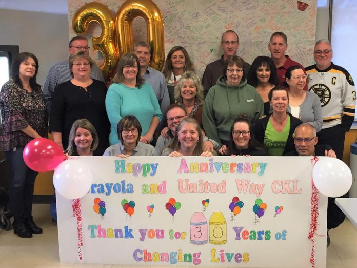 Staff at Crayola Canada in Lindsay express thanks to the United Way for the City of Kawartha Lakes.  (Photo courtesy of United Way CKL)