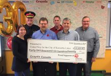 Crayola Canada, headquartered in Lindsay, has donated $42,620.80 to the United Way for the City of Kawartha Lakes, representing the proceeds from this year's annual Crayola Sale. Pictured are (left to right, back to front) 2018-2019 United Way Campaign Chair Police Chief Mark Mitchell, Crayola Canada HR Mike Soehner, Crayola Canada Finance John DeBois, United Way CKL Community Investment Coordinator Shantal Ingram, United Way CKL Board President Duncan Gallacher, and Crayola Canada General Manager Paul Murphy. (Photo courtesy of United Way CKL)