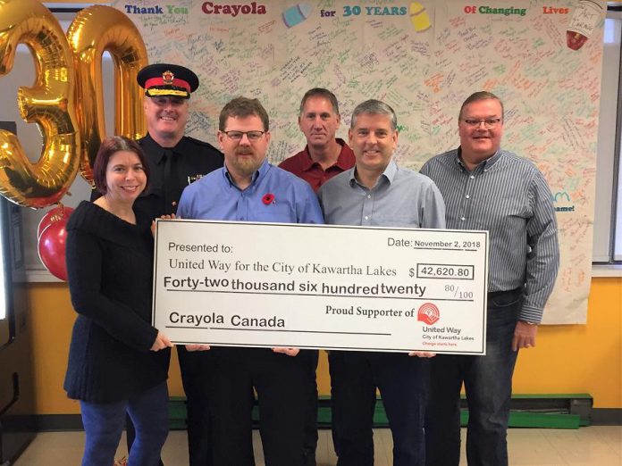 Crayola Canada, headquartered in Lindsay, has donated $42,620.80 to the United Way for the City of Kawartha Lakes, representing the proceeds from this year's annual Crayola Sale. Pictured are (left to right, back to front) 2018-2019 United Way Campaign Chair Police Chief Mark Mitchell, Crayola Canada HR Mike Soehner, Crayola Canada Finance John DeBois, United Way CKL Community Investment Coordinator Shantal Ingram, United Way CKL Board President Duncan Gallacher, and Crayola Canada General Manager Paul Murphy. (Photo courtesy of United Way CKL)