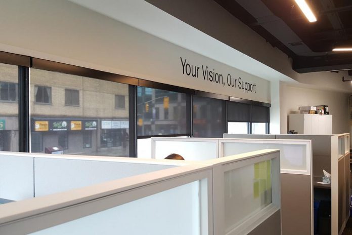 The "Your Vision, Our Support" slogan of Community Futures Peterborough, pictured at the new Venture North offices, reflects the economic development organization's mandate to help small businesses. (Photo: Jeannine Taylor / kawarthaNOW.com)