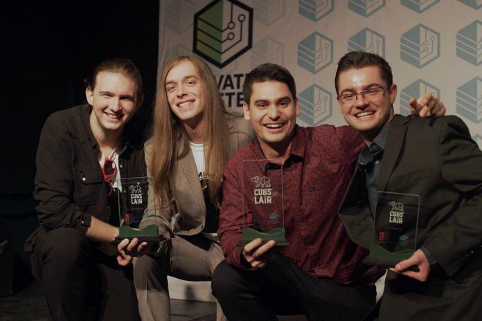 The finalists of the  2018 Cubs' Lair entrepreneurial competition:  Noah Latendre and Dillon Ahola of Opened Minds, Jeremy Brooks of AVROD, and Dylan Trepanier of Alexander Optical. (Photo courtesy of Innovation Cluster)