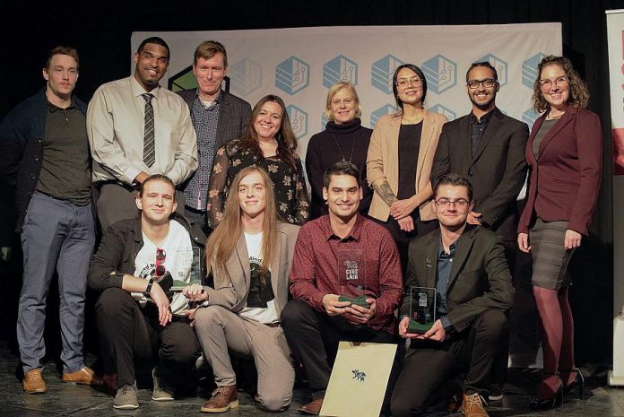 The finalists and the judges for the 2018 Cubs' Lair entrepreneurial competition, held at the Gordon Best Theatre in downtown Peterborough on November 22, 2018 and hosted by FastStart Peterborough, the Innovation Cluster and the Trent Youth Entrepreneurship Society.  (Photo courtesy of Innovation Cluster)