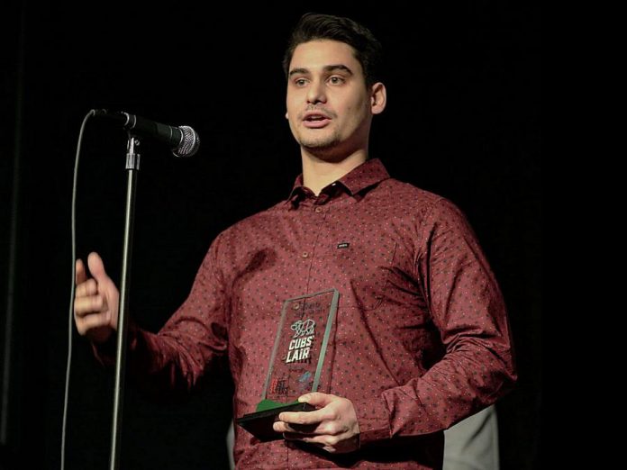 Trent University archaeology grad student Jeremy Brooks won a prize package valued at more than $10,000 at the 2018 Cubs' Lair entrepreneurial competition held in Peterborough on November 22, 2018. Brooks has created an archaeological virtual reality online database (AVROD) that allows students to virtually interact with remote archaeological sites. (Photo courtesy of Innovation Cluster)