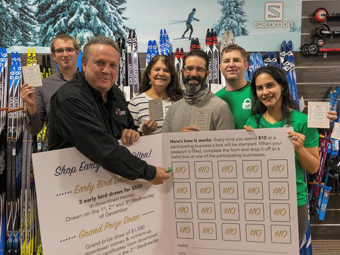 Joel Wiebe and Terry Gueil of the Peterborough Downtown Business Improvement Area (DBIA) with Theresa Foley of Showplace Performance Centre, Jonathan Moreno of Wild Rock Outfitters, and James and Lena Wallwork of Lift Lock Escape, at the launch of the 2018 Holiday Shopping Passport Program at Wild Rock Outfitters on November 12, 2018. Showplace and Lift Lock Escape are two of the new organizations and businesses participating in this year's program. (Supplied photo)