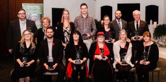 The recepients of the 2018 Awards of Excellence (back to front, left to right): Jason Ross, The Regency of Lakefield; Susan Dunkley, Peterborough Humane Society; Alex Tindale, Peterborough Humane Society; Alex Gastle, Vetterview; Tracy Logan, Logan Tree Experts; Matt Logan, Logan Tree Experts; Ross Bletsoe, Lakefield Foodland; Laurie Siblock, Lang Pioneer Village Museum; Shawn Morey, Peterborough Humane Society; Cindy Windover, Windover Plumbing; Audrey Von Bogen, Shambhala Bed and Breakfast; Emily Wilkins, Adventure Outfitters; Rachel Sloan, Trinkets & Treasures. (Photo: Erin Caitlin Photography)