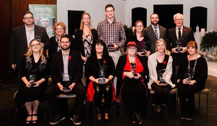 The recepients of the 2018 Awards of Excellence (back to front, left to right): Jason Ross, The Regency of Lakefield; Susan Dunkley, Peterborough Humane Society; Alex Tindale, Peterborough Humane Society; Alex Gastle, Vetterview; Tracy Logan, Logan Tree Experts; Matt Logan, Logan Tree Experts; Ross Bletsoe, Lakefield Foodland; Laurie Siblock, Lang Pioneer Village Museum; Shawn Morey, Peterborough Humane Society; Cindy Windover, Windover Plumbing; Audrey Von Bogen, Shambhala Bed and Breakfast; Emily Wilkins, Adventure Outfitters; Rachel Sloan, Trinkets & Treasures. (Photo: Erin Caitlin Photography)
