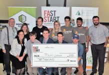 The winning teams and judges of the fourth annual Pitch It! student entrepreneurial competition held at Fleming College on November 15, 2018. Four student teams from Trent University, Fleming College, and a local high school each took home $500 for their winning business idea. (Photo courtesy of Innovation Cluster)