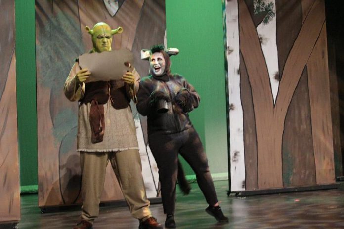 Rowan Lamoureaux as the curmudgeonly green ogre shrek Shrek with Lindsay Barr as his sassy travelling companion Donkey. (Photo: Nate Axcell)