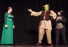 The unlikely trio of "Shrek: The Musical": Elizabeth Moody as Princess Fiona, Rowan Lamoureaux as Shrek, and Lindsay Barr as Donkey. The St. James Players production of the Tony-nominated musical runs from November 8 to 17 at Showplace Performance Centre in downtown Peterborough. (Photo: Sam Tweedle / kawarthaNOW.com)