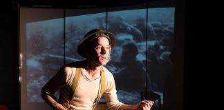Fleshy Thud's Ryan Kerr performs in his new play "Unexploded Ordnance", co-created with and directed by Kate Story, which premieres from November 8 to 11, 2018 at The Theatre On King in downtown Peterborough. The play will also tour four area high schools as part of their Remembrance Day programming. (Photo: Andy Carroll for Public Energy)