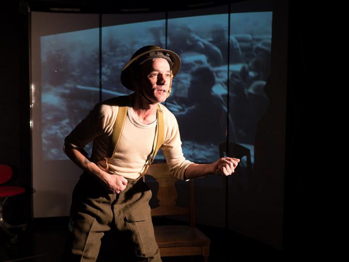 Fleshy Thud's Ryan Kerr performs in his new play "Unexploded Ordnance", co-created with and directed by Kate Story, which premieres from November 8 to 11, 2018 at The Theatre On King in downtown Peterborough. The play will also tour four area high schools as part of their Remembrance Day programming. (Photo: Andy Carroll for Public Energy)