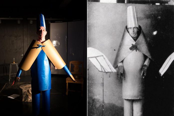 In "Unexploded Ordnance", Ryan Kerr also celebrates Dadaism, the avant-garde art movement that emerged out of Switzerland in 1916 as a reaction to the war. Ryan is wearing a recreation of the same costume that Dadism founder Hugo Ball (right) wore when reciting his sound poem "Karawane" in 1916. The costume was reflective of the absurd and nonsensical nature of Dada, which mimicked the even more absurd world represented by the social and economic upheaval surrounding World War I. (Photo of Ryan Kerr: Andy Carroll for Public Energy)