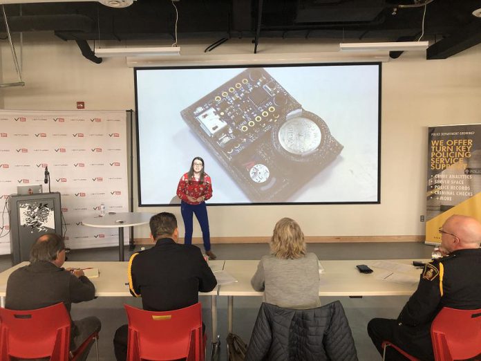 Amy Arthur has won the second installment of the "Pitch to the Chief" competition in Cobourg for her hands-free personal safety device. (Photo: Venture13 / NCFDC)