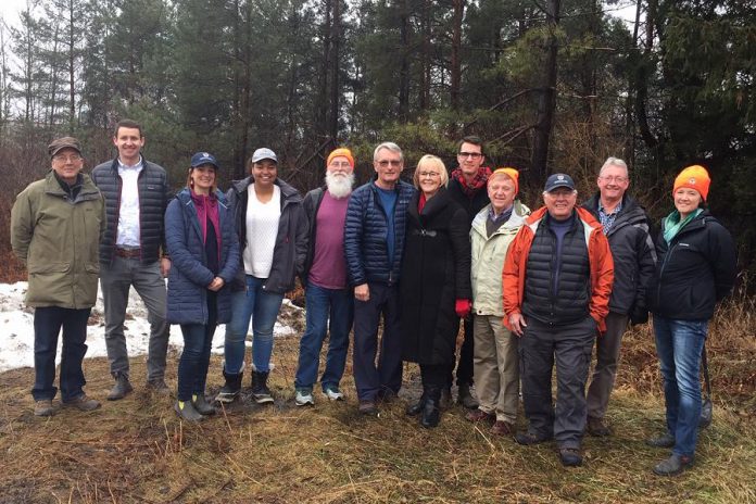 Donors David and Sharon Cation with staff and volunteers of Kawartha Land Trust. From left to right: Mike McMurtry, Mike Hendren, Tara King, Patricia Wilson, Brian Preiswersk, David Cation, Sharon Cation, Thom Unrau, Guy Wagner, Ralph McKim, Bill Crins, and Anna Lee. (Photo courtesy of Kawartha Land Trust)