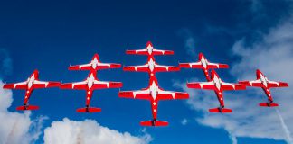 The Canadian Forces Snowbirds flying nine jets in the big diamond bottom side formation. The aerial demonstration team will be performing at the Peterborough Airport's air show in September 2019, part of the airport's 50th anniversary celebrations. (Photo: Corporal Sebastian Boucher)
