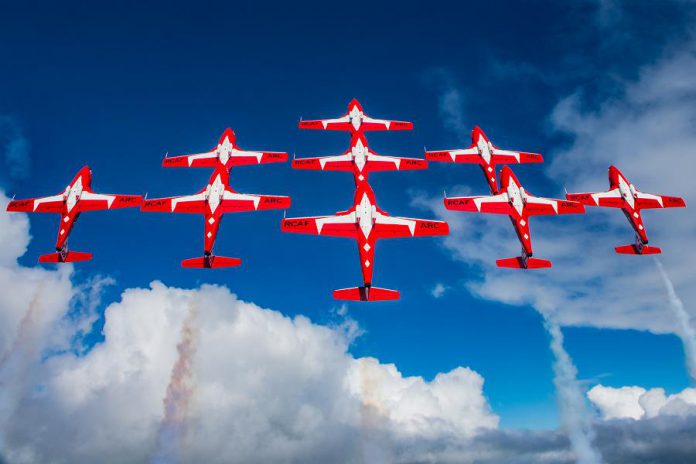The Canadian Forces Snowbirds flying nine jets in the big diamond bottom side formation. The aerial demonstration team will be performing at the Peterborough Airport's air show in September 2019, part of the airport's 50th anniversary celebrations. (Photo: Corporal Sebastian Boucher)