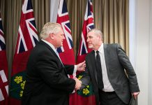 Premier Doug Ford welcomes Kawartha Lakes Mayor Andy Letham to a one-on-one meeting at Queen's Park in Toronto on December 10, 2018. (Photo: Office of the Premier)