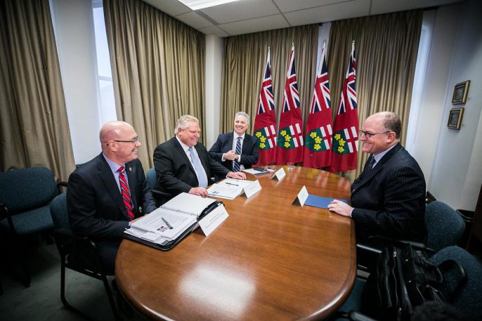 Minister of Municipal Affairs and Housing Steve Clark, Premier Doug Ford, and Chief of Staff Dean French meet with Windsor Mayor Drew Dilkens  on December 10, 2018. (Photo: Office of the Premier)