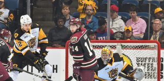 Peterborough Petes' forward Liam Kirk (14), pictured at a game against the Hamilton Bulldogs, has been featured in The New York Times. (Photo: CHL Images)