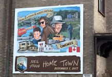 The Neil Young mural on the side of Omemee's Coronation Hall, where Young performed his "Home Town" concert on December 1, 2017. (Photo courtesy of City of Kawartha Lakes)