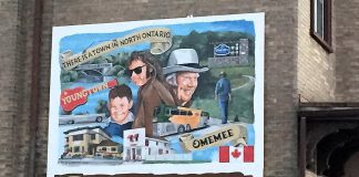 The Neil Young mural on the side of Omemee's Coronation Hall, where Young performed his "Home Town" concert on December 1, 2017. (Photo courtesy of City of Kawartha Lakes)