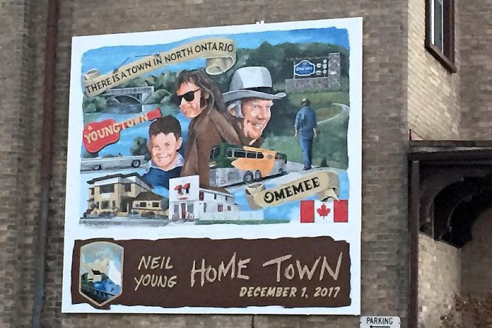 The Neil Young mural on the side of Omemee's Coronation Hall, where Young performed his "Home Town" concert on December 1, 2017. (Photo courtesy of City of Kawartha Lakes)