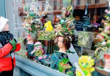 Beauty salon Union Studio won the 2018 Holiday Window Contest sponsored by the Peterborough DBIA for this creative display of vintage hair products as Christmas trees. (Photo courtesy of Peterborough DBIA)