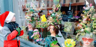 Beauty salon Union Studio won the 2018 Holiday Window Contest sponsored by the Peterborough DBIA for this creative display of vintage hair products as Christmas trees. (Photo courtesy of Peterborough DBIA)