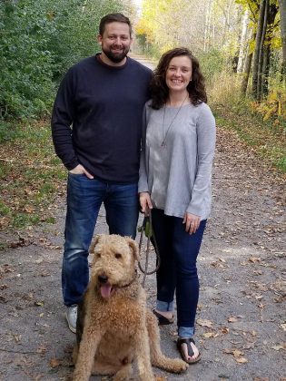 Amy Semple with her husband and their dog Angus.  (Photo: Jeremy Kelly)