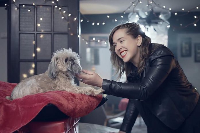 Serena Ryder's new video for the title track from her new record "Christmas Kisses" supports the Ontario SPCA by featuring more than 20 dogs, with some dressed in festive outfits and some giving kisses to their humans. Several dogs and their owners from the Kawarthas appear in the video. (Screenshot)