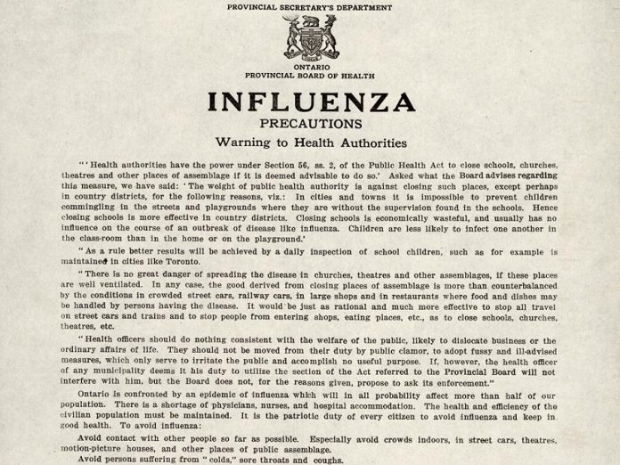 Part of a 1918 poster from the Ontario Provincial Board of Health issuing a warning to local health authorities about influenza. (Photo: Archives of Ontario)