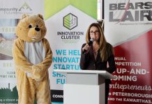 Catia Skinner, chair of the 2019 Bears' Lair Entrepreneurial Competition steering committee, announcing the details of the Bears' Lair Entrepreneurial Competition in the lobby at VentureNorth in downtown Peterborough on January 22, 2019. Unlike previous years, this year's competition will include a cash-only prize of $8,000 for each of the two winners, and $1,000 for four runners-up. The application deadline for the 2019 competition is February 26th. (Photo: Paula Kehoe)