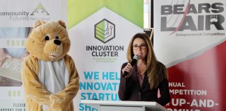 Catia Skinner, chair of the 2019 Bears' Lair Entrepreneurial Competition steering committee, announcing the details of the Bears' Lair Entrepreneurial Competition in the lobby at VentureNorth in downtown Peterborough on January 22, 2019. Unlike previous years, this year's competition will include a cash-only prize of $8,000 for each of the two winners, and $1,000 for four runners-up. The application deadline for the 2019 competition is February 26th. (Photo: Paula Kehoe)