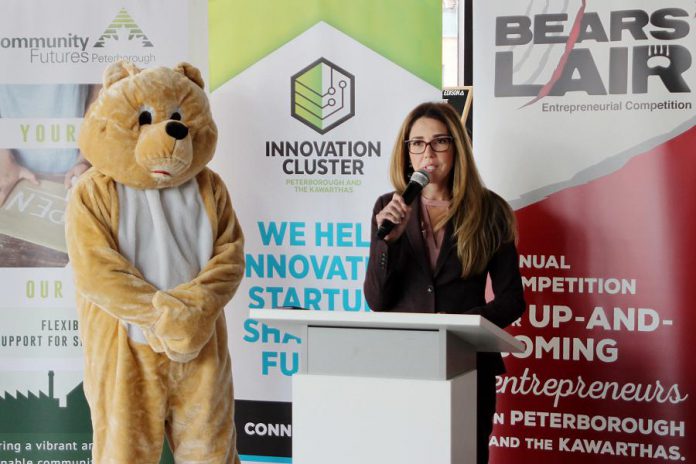 Catia Skinner, chair of the 2019 Bears' Lair Entrepreneurial Competition steering committee, announcing the details of the Bears' Lair Entrepreneurial Competition in the lobby at VentureNorth in downtown Peterborough on January 22, 2019. Unlike previous years, this year's competition will include a cash-only prize of $8,000 for each of the two winners, and $1,000 for four runners-up. The application deadline for the 2019 competition is February 26th. (Photo: Paula Kehoe)