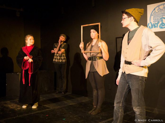 Jesse Jamieson, Hannah Lash, and Warren Moore act out a scene from 'Snow White' as narrator Jordan Shabsove watches from the back. (Photo: Andy Carroll)