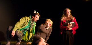Warren Moore as the Frog Prince and Jesse Jamieson as the Princess, with Mary Grace Murphy as the narrator in Anne Shirley Theatre Company's production of "The Brothers Grimm Spectaculathon", Don Zolidis' comic retelling of 209 of the Brothers Grimm's 19th-century fairytales. The show runs from January 31 to February 2, 2019 at The Theatre on King in downtown Peterborough, and the following weekend at the Peterborough Theatre Guild. (Photo: Andy Carroll)