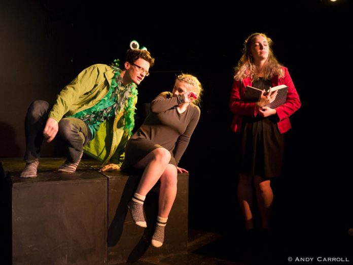 Warren Moore as the Frog Prince and Jesse Jamieson as the Princess, with Mary Grace Murphy as the narrator in Anne Shirley Theatre Company's production of "The Brothers Grimm Spectaculathon", Don Zolidis' comic retelling of 209 of the Brothers Grimm's 19th-century fairytales. The show runs from January 31 to February 2, 2019 at The Theatre on King in downtown Peterborough, and the following weekend at the Peterborough Theatre Guild. (Photo: Andy Carroll)