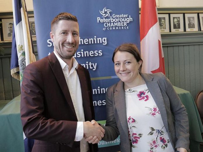 Ben vanVeen of Team vanRahan Century 21, the chair of the 2019 board of the Peterborough Chamber of Commerce, is congratulated by Peterborough Mayor Diane Therrien. (Photo: Peterborugh Chamber)