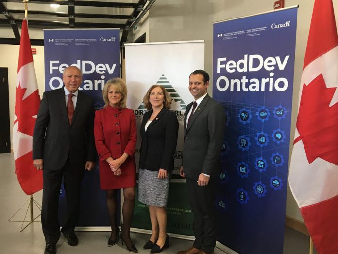 Northumberland CFDC board chair Rick Holmes and executive director Wendy Curtis, Northumberland-Peterborough South MP Kim Rudd, and RueBel Ltd founder and CEO Spencer Selhi at the announcement of $1.1 million of funding from FedDev Ontario for the Northumberland CFDC's N1M program. (Photo: Northumberland CFDC)