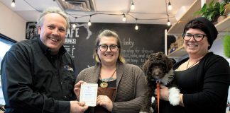 DBIA executive director Terry Guiel and owners Jennifer Avis and Stephanie Hayes of Hello, Baby!, where the winning Holiday Shopping Passport belonging to Avis Moores of Omemee was drawn on January 9, 2019. Moores will receive $1,500 in downtown money that she can redeem at participating businesses in downtown Peterborough. (Photo courtesy of Peterborough DBIA)
