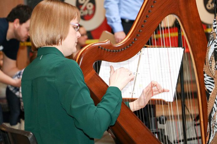 Harpist Tanah Haney performed music to read by at Peterborough Family Literacy Day 2017 as hundreds of kids converged on Peterborough Square for the annual free event. On Saturday, January 26, 9 a.m. to noon, at the downtown mall, the 2019 event will be held for a 20th year, featuring musical performances by Glen Caradus and Phil Stephenson as well as authors Drew Monkman and Jacob Rodenburg reading from their book "The Big Book of Nature Activities".  (Photo: Peter Rellinger)