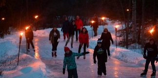 Skaters test out the 1.4km ice trail at Balsam Lake Provincial Park, which will be open to the public for one weekend only (January 26 and 28, 2019). The Frostival event takes place from 4 to 8 p.m. on Saturday night, when the trail will be lit by torches, and again from 12 to 4 p.m. on Sunday afternoon. (Photo: Fred Thornill / @kawarthavisions on Instagram)
