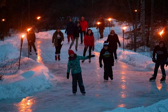 Skaters test out the 1.4km ice trail at Balsam Lake Provincial Park, which will be open to the public for one weekend only (January 26 and 28, 2019). The Frostival event takes place from 4 to 8 p.m. on Saturday night, when the trail will be lit by torches, and again from 12 to 4 p.m. on Sunday afternoon. (Photo: Fred Thornill / @kawarthavisions on Instagram)