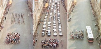 Münster is considered Germany's most bicycle-friendly city. In 1991, a photographer commissioned by the city's planning department took a series of photographs for a three-panelled poster that showed the space required to transport 72 people by either bicycle, car, or bus. The transportation photo has since become an iconic representation of how single-occupancy cars take up a disproportionate amount of road space. (Photo: City of Münster)