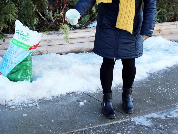 Rather than spreading salt around your property, consider more environmentally alternatives like sand, non-clumping kitty litter, or even fireplace ashes. The GreenUP Store also carries Clean and Green Ice Melter by Swish, an ice-melter that's gentle on vegetation, concrete, water, and floors. It's not corrosive and is completely safe to handle with bare hands, so it's safer around children and pets too. It also more effective than salt when it's extremely cold, as it will continues to melt ice at -22° C. (Photo: Karen Halley)