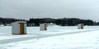 Presented by Red Events and hosted at Bonnie View Inn on Lake Kashawigamog in Haliburton County on February 9 and 10, 2019, Ice Cube Gallery features three ice huts housing the work of four local artists along with local food, music, and more. (Photo: Ice Cube Gallery / Facebook)