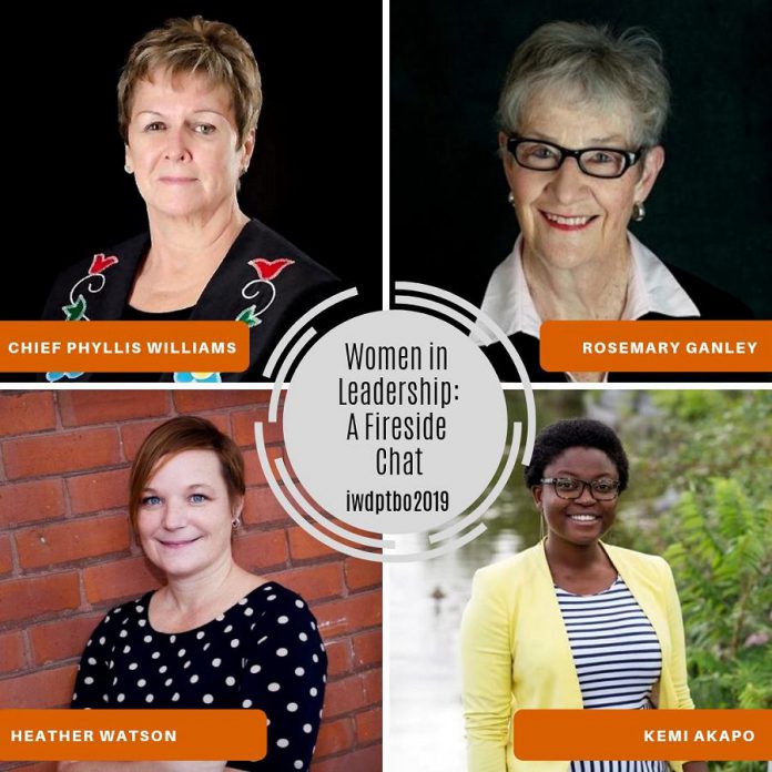 One of the six available workshops at this year's International Women's Day Conference in Peterborough is "Women in Leadership: A Fireside Chat", facilitated by Chief Phyllis Williams, Rosemary Ganley, Kemi Akapo, and Heather Watson. (Supplied graphic)