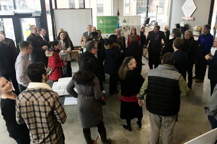 The foyer of Venture North in downtown Peterborough was a busy place Wednesday, January 16 as the members of the business community came together to celebrate the revelation of the 2019 Business Hall of Fame inductees. Each inductee will be formally inducted May 23 at The Venue at an event hosted by Junior Achievement of Peterborough Lakefield Muskoka (JA-PLM).  (Photo: Paul Rellinger / kawarthaNOW.com)