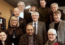 The 2019 Business Hall of Fame inductees were introduced at Venture North on Wednesday, January 16th by Junior Achievement of Peterborough Lakefield Muskoka (JA-PLM). They are, front from left, Michaela Konopaski (representing her father Michael Konopaski of Inclusive Advisory), Dr. Ramesh Makhija of R and R Laboratories, and Janet McLeod of East City Flower Shop; second row, from left, Dana Empey and Scott Stewart of Carlson Wagonlit Stewart Travel, Dave Smith of DNS Realty, and John Gillis of Measuremax; and back row, from left, Scott Stuart of Kawartha TV and Stereo (representing his father Glenn), Shelby Watt of Flavour Fashion, Providence, and S.O.S (inducted with with Mike Watt, not pictured), Scott Wood of Ashburnham Ale House, and Robert Winslow of 4th Line Theatre. (Photo: Paul Rellinger / kawarthaNOW.com)