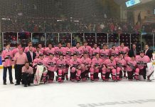 Peterborough Petes players in their pink jerseys at the 2018 Pink In The Rink game. This year's 10th anniverary game takes place on Saturday, February 2nd when the Petes take on the Oshawa Generals at the Peterborough Memorial Centre. (Photo: Pink In The Rink / Facebook)